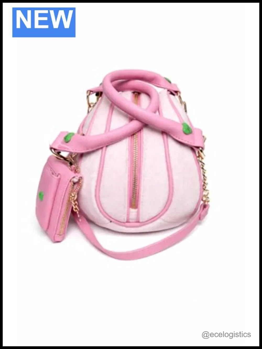Vegan Terry Velour Satchel with Gold Chain Strap, Zip Top, Interior Compartments